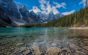 寧靜的高山湖泊，湖水清澈，背景是白雪覆蓋的山峰。