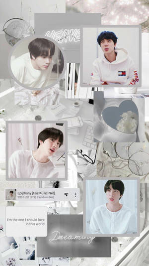 BTS Jungkook 拼貼畫，搭配白色服裝、閃亮心形和柔和色調的音樂歌詞。