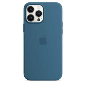 藍色矽膠iPhone保護殼，帶有Apple標誌和三個相機開孔。