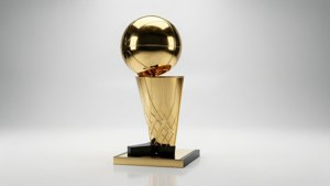 金色NBA冠軍獎盃，籃球在網狀底座上，中性背景。