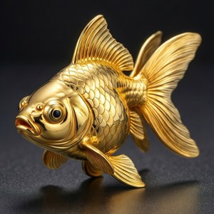 金色魚雕塑，精細鱗片和魚鰭，深色反光表面