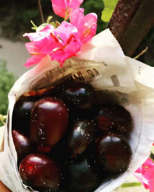 一束用紙包裹的深紫色紅棗，附近有粉紅色花朵。 — 花 壁紙