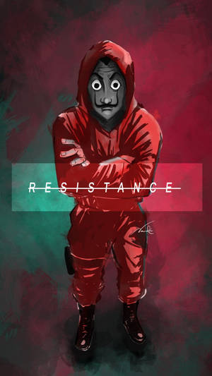 一個穿著紅色連帽衫的蒙面人物，雙臂交叉，顯示「resistance」這個詞。