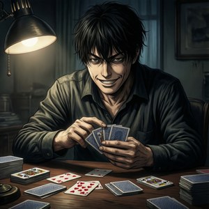 男子在昏暗的房間裡，在枱燈下拿著撲克牌微笑。