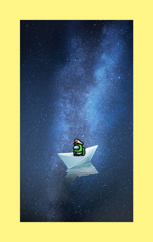 Among Us角色在紙船上漂浮在星空宇宙中，帶有黃色邊框。 — Honor Pad 20 Pro 壁紙