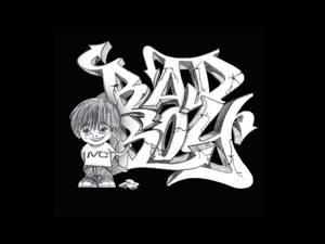 Q版男孩在裂紋塗鴉字母旁邊，寫著bad boy