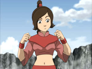 動漫女孩身穿紅色武術服，在戶外握拳站立。