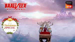 動畫雪橇與馴鹿在魔法冬日天空中飛向城堡。