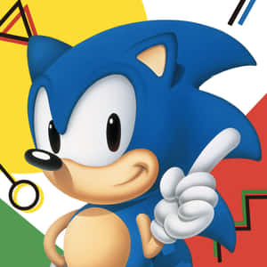 Sonic the Hedgehog 帶著愉快表情指向色彩繽紛的幾何形狀。