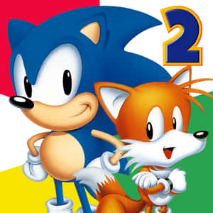 Sonic the Hedgehog 同 Tails 喺色彩繽紛嘅電子遊戲封面藝術中一齊擺甫士。