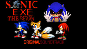 恐怖遊戲封面，帶有怪物化嘅 Sonic 角色同像素藝術風格。