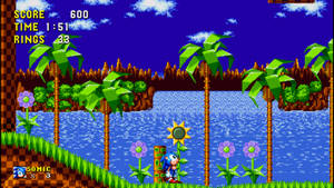 Sonic the Hedgehog 喺一個有棕櫚樹同河流嘅像素叢林關卡中奔跑。 — 遊戲 壁紙