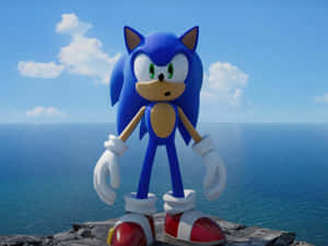 Sonic the Hedgehog 站在懸崖上，在陽光明媚的日子裡俯瞰海洋。