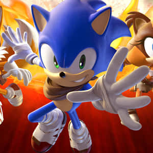 Sonic the Hedgehog 與朋友在熾熱的背景中奔跑。