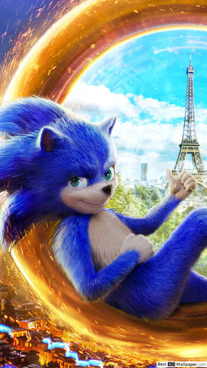 藍色刺蝟 Sonic 喺巴黎上空飛過一個金色環，艾菲爾鐵塔清晰可見。