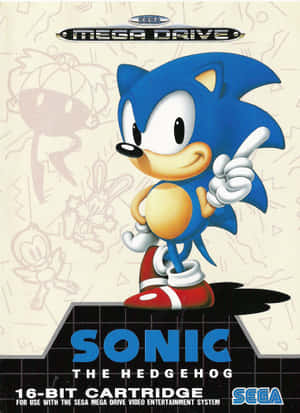 Sonic the Hedgehog穿著經典藍紅服裝向上指。