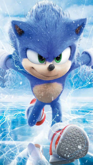 Sonic the Hedgehog 喺雪中奔跑，帶有閃電效果。