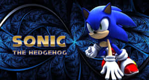 Sonic the Hedgehog 以動態姿勢呈現，搭配分形藍色背景和金色標題。