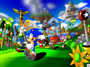 索尼克和朋友們在色彩繽紛的叢林中競速，有浮島和UFO。