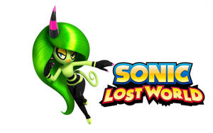 Sonic Lost World角色，綠色頭髮和粉紅色角，在遊戲標誌旁邊擺姿勢