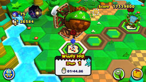 Sonic the Hedgehog 在色彩繽紛的3D電子遊戲的Windy Hill Zone中飛馳。