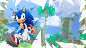 Sonic the Hedgehog 在色彩繽紛的森林中奔跑，背景為幾何圖案。 — 遊戲 壁紙