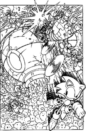 Sonic the Hedgehog 跑過一個巨型機械人，背後有爆炸。