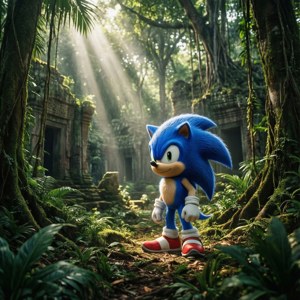 Sonic the Hedgehog 在叢林中，有古老廢墟和陽光光束。