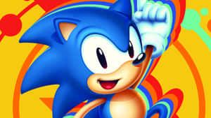 Sonic the Hedgehog 喺色彩繽紛嘅背景上帶住開心笑容揮手。