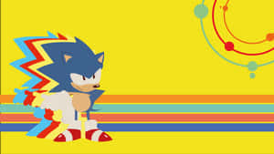 Sonic the Hedgehog 在色彩繽紛的復古風格插圖中，帶有條紋和圓形。