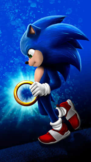 Sonic the Hedgehog 以動態姿勢手持發光戒指。