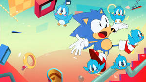 Sonic the Hedgehog 在充滿活力的遊戲場景中與藍色小鳥和圓環奔跑。