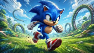 Sonic the Hedgehog 快速跑過色彩繽紛嘅風景，金環喺佢周圍漂浮。