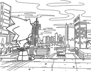 刺蝟索尼克在黑白城市景觀中，帶有 Sega 標誌。