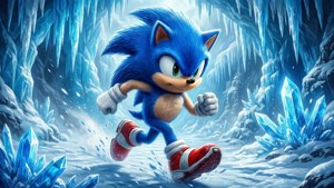 Sonic the Hedgehog 喺有藍色水晶嘅雪冰洞中奔跑。