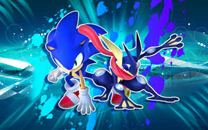 Sonic 和 Greninja 擺出動作姿勢，身後有發光的藍色和紫色能量漩渦。