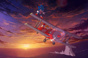 Sonic the Hedgehog 騎著紅色雙翼飛機，背景是充滿活力的日落天空。