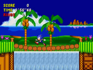 Sonic the Hedgehog 喺一個有棕櫚樹同瀑布嘅像素化熱帶關卡上奔跑。