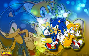 Sonic 同 Tails 喺色彩繽紛嘅動畫場景中豎起拇指奔跑。