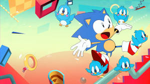 Sonic the Hedgehog 在充滿活力的遊戲環境中被藍色鳥類包圍。 — 卡通 壁紙