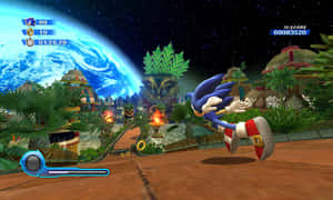 Sonic the Hedgehog 喺叢林中奔跑，背景有星球。