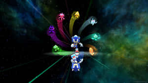 Sonic the Hedgehog 在色彩繽紛的星雲中奔馳，外星生物緊隨其後。