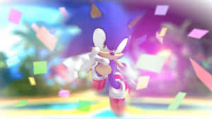 Sonic the Hedgehog 喺熱帶環境中穿過色彩繽紛嘅紙屑奔跑。