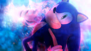 Sonic the Hedgehog 微笑，發光能量在他周圍旋轉。