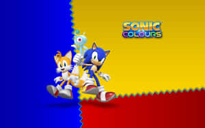 Sonic 和 Tails 在色彩繽紛的背景上與 Sonic Colours 標誌一起奔跑。