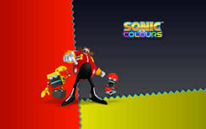 Sonic Colours 遊戲藝術中的 Dr Eggman 與機械人，紅綠分割背景