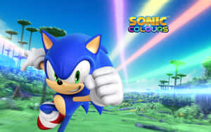 Sonic the Hedgehog 喺充滿彩虹光線嘅色彩繽紛外星世界中奔跑。