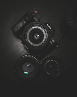 Sony 相機和 Canon 鏡頭在深色木質表面