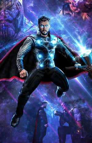 Thor 身穿盔甲漂浮在太空中，身後有閃電和宇宙敵人。 — Pixel Tablet 壁紙