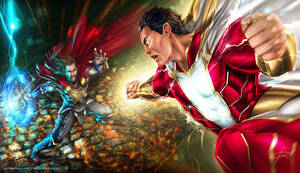 Thor 和 Shazam 以漫畫風格發出發光能量戰鬥。